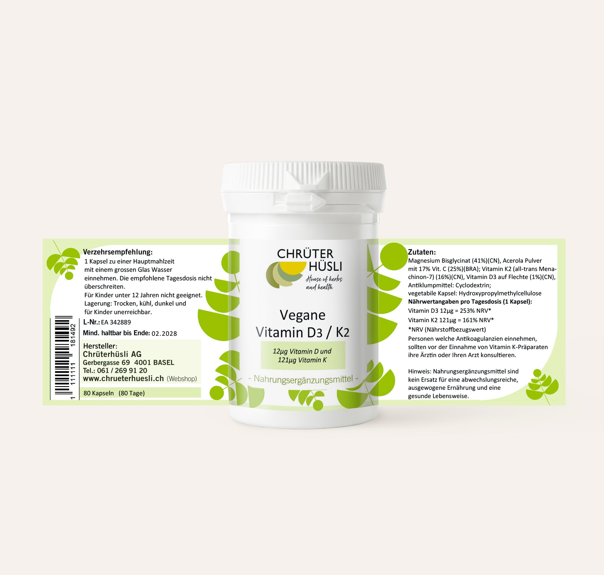 Vegane Vitamin D3 K2 Kapseln-etikette 